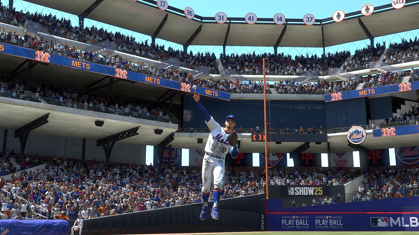 update main gallery with image: Francisco Lindor wearing a number 12 New York Mets jersey jumping into the air to catch the ball.