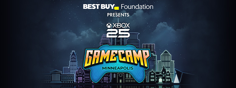 Best Buy Foundation logo, Presents Xbox 25 Game Camp Minneapolis logo against a dark city skyline.