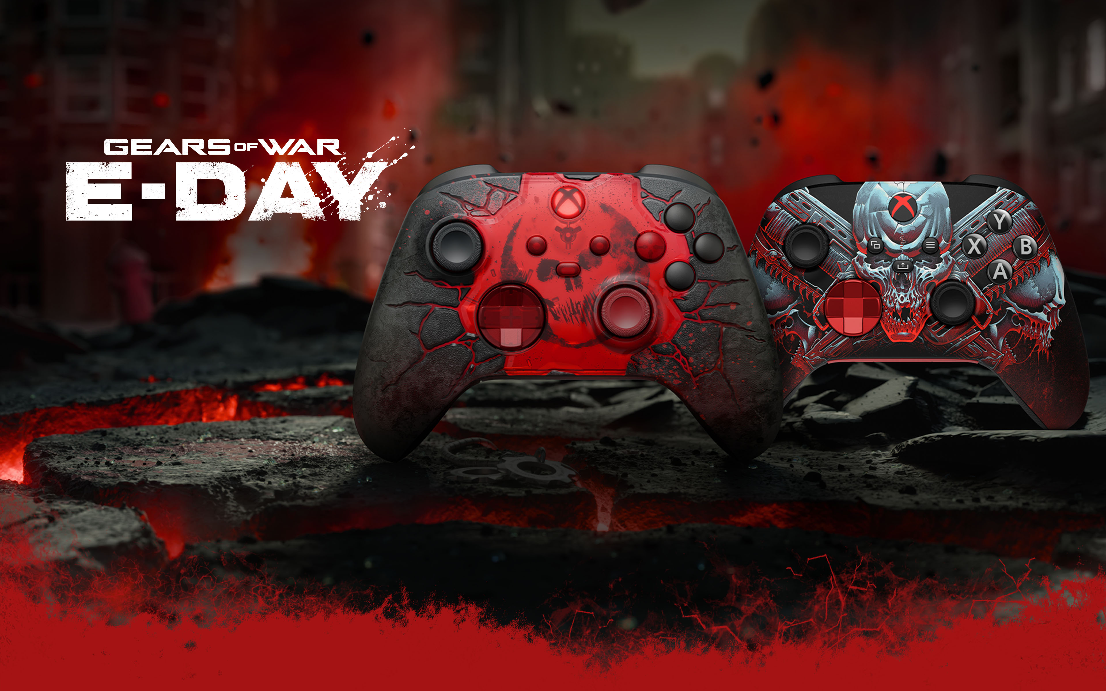 Gears of War: E-Day-logo, beide XBOX draadloze controller - Gears of War: E-Day-controllers samen op een achtergrond van een lavaveld