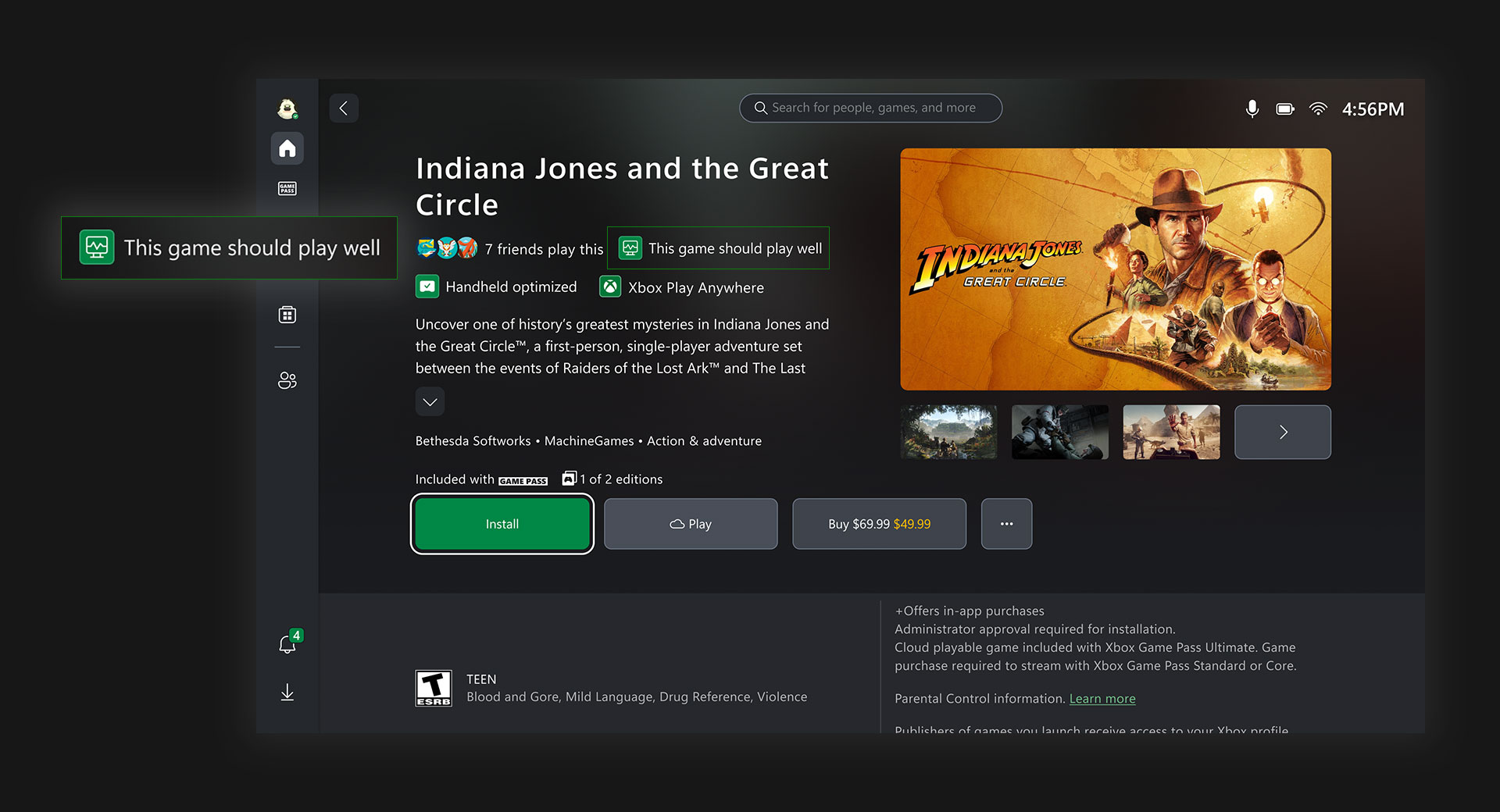 L’UI de ROG montrant l’icône Fonctionnera bien sur les appareils portables sur la page du jeu Indiana Jones. 