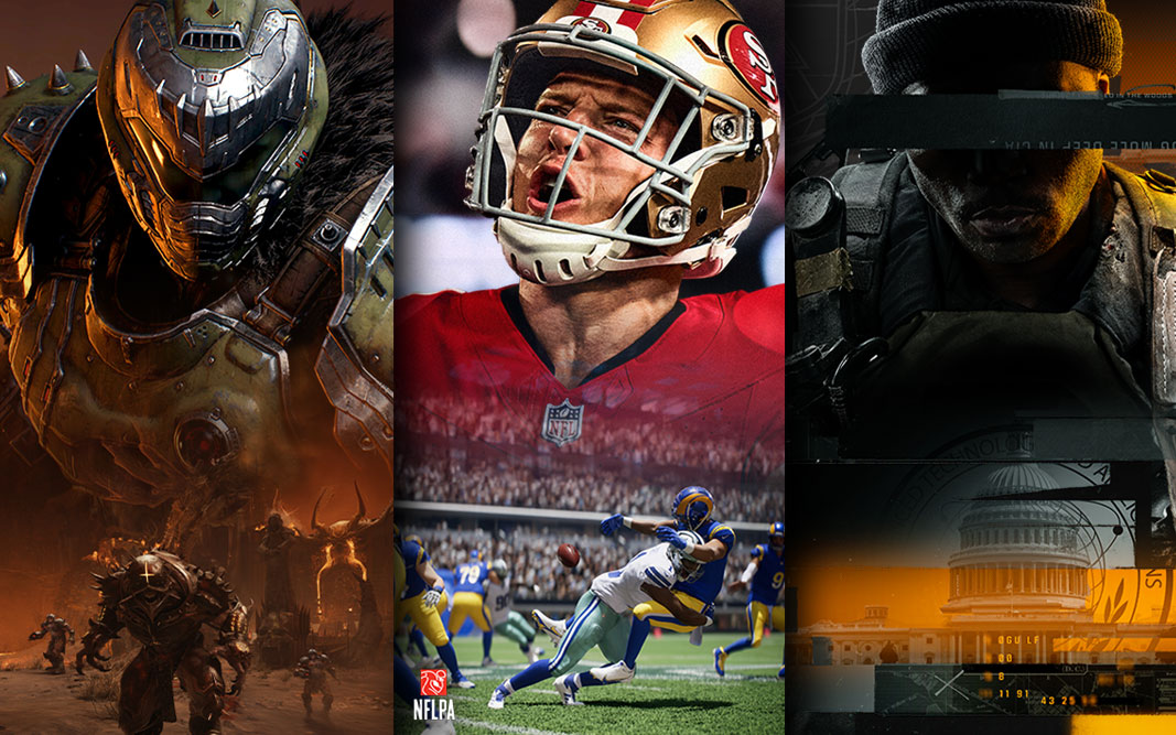 An animation of games including: Doom: The Dark Ages, Madden NFL 25, Call of Duty: Black Ops 6, Indiana Jones and the Great Circle, and Avowed