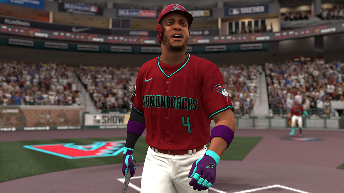 update main gallery with image: Ketel Marte in a number 4 Arizona Diamondbacks jersey looking up with a bat in his hand.