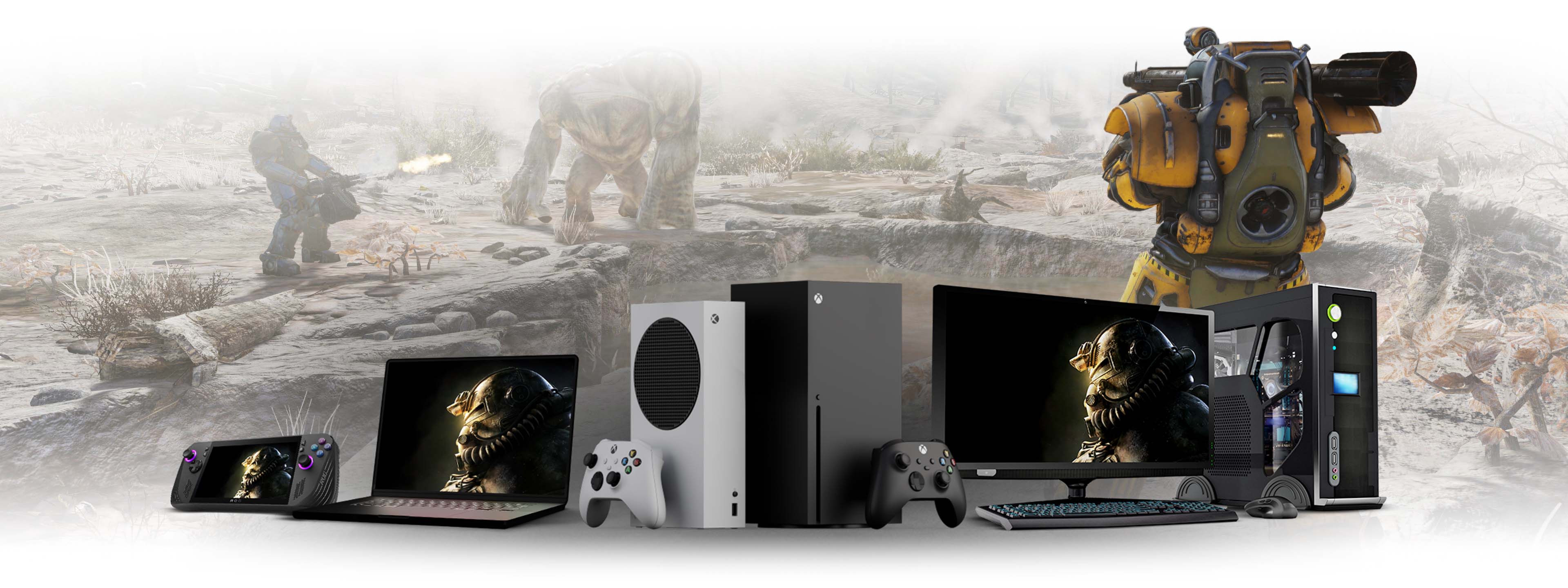 Xbox-Konsolen, drahtlose Controller, VR-Headset, Laptop und PC-Tower, Handheld-Gaming-Gerät und Mobiltelefon mit Hintergrund-Art aus Fallout 76 