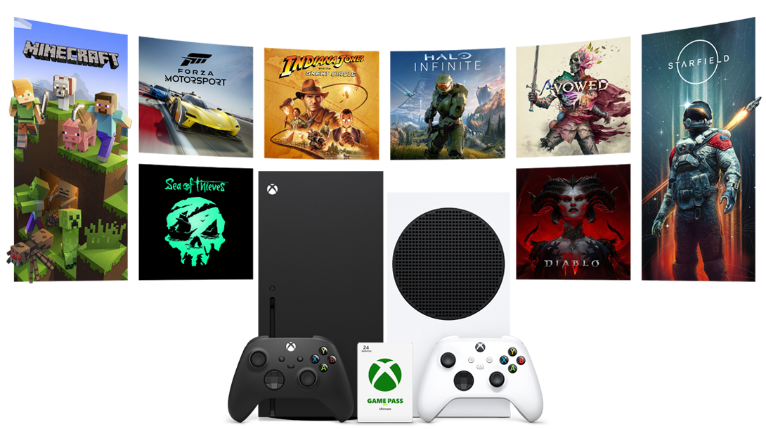 Xbox Series X and Xbox Series S with Game Pass Card, in front of Minecraft, Forza Motorsport, Sea of Thieves, Halo Infinite, Avowed, Diablo 4 and Starfield boxshots