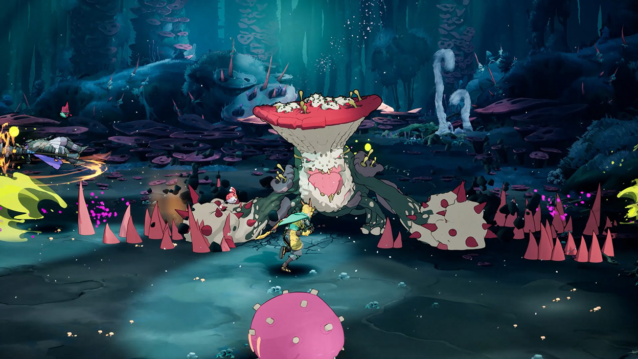 A mushroom monster slams its fists into the earth, causing spikes to shoot up from the ground.