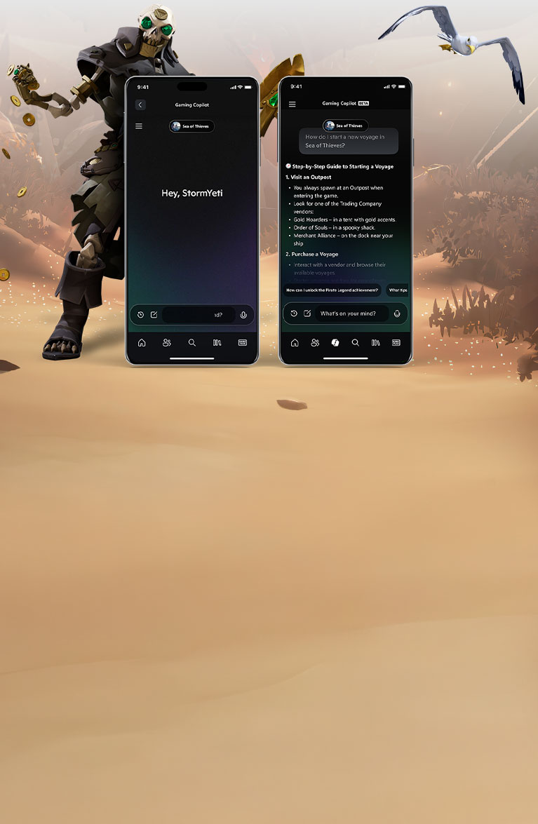 Dois celulares exibindo uma conversa com o Gaming Copilot (Beta), com uma praia e um esqueleto pirata ao fundo.