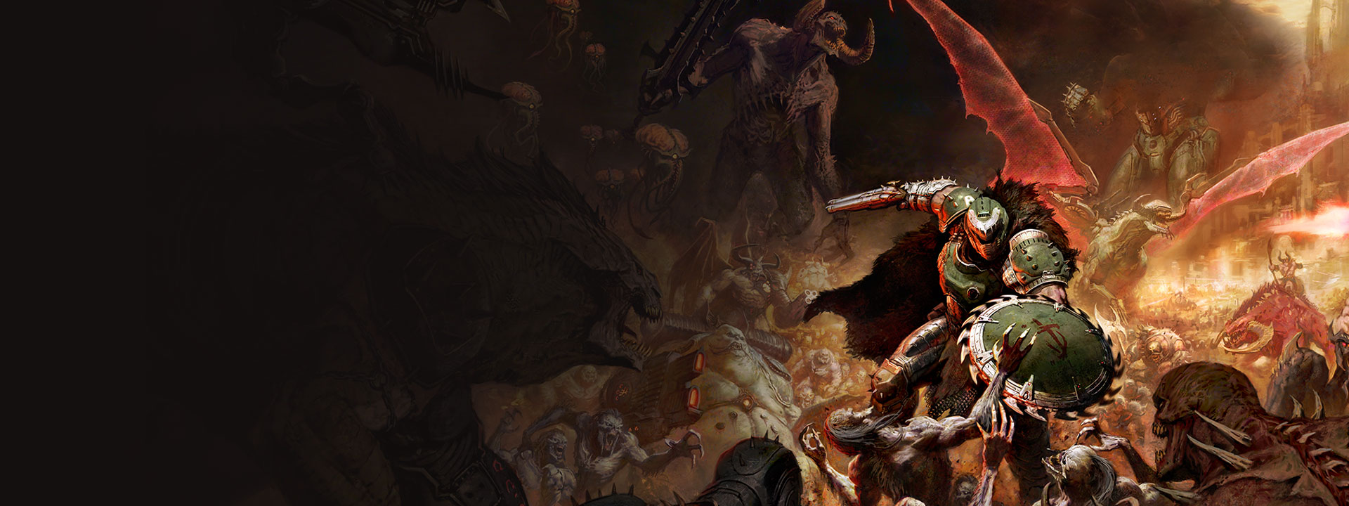 The armies of hell descend on the Slayer, who defends himself with a gun and a saw shield