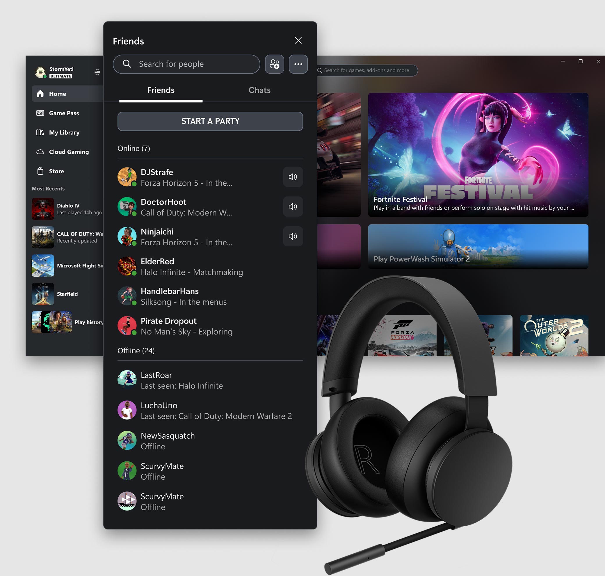 L'interfaccia utente dell'app Xbox per PC su cui è visualizzata la scheda Social