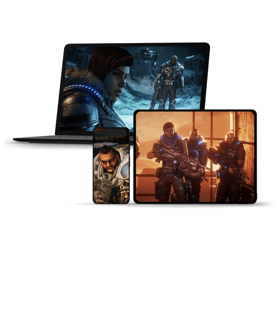 front view of three different monitor screens displaying Xbox games