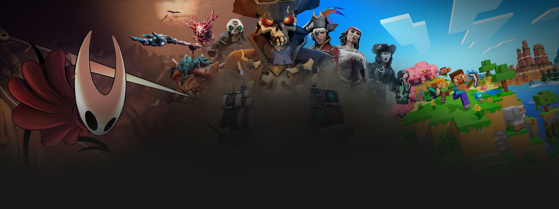 Personnages du jeu Hollow Knight: Silksong, Sea of Thieves et Minecraft