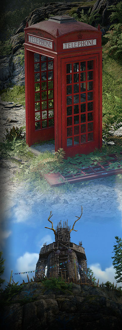Atomfall game panel featuring a red telephone booth in an overgrown landscape superimposed with an image of a giant wicker man effigy against a clear sky.