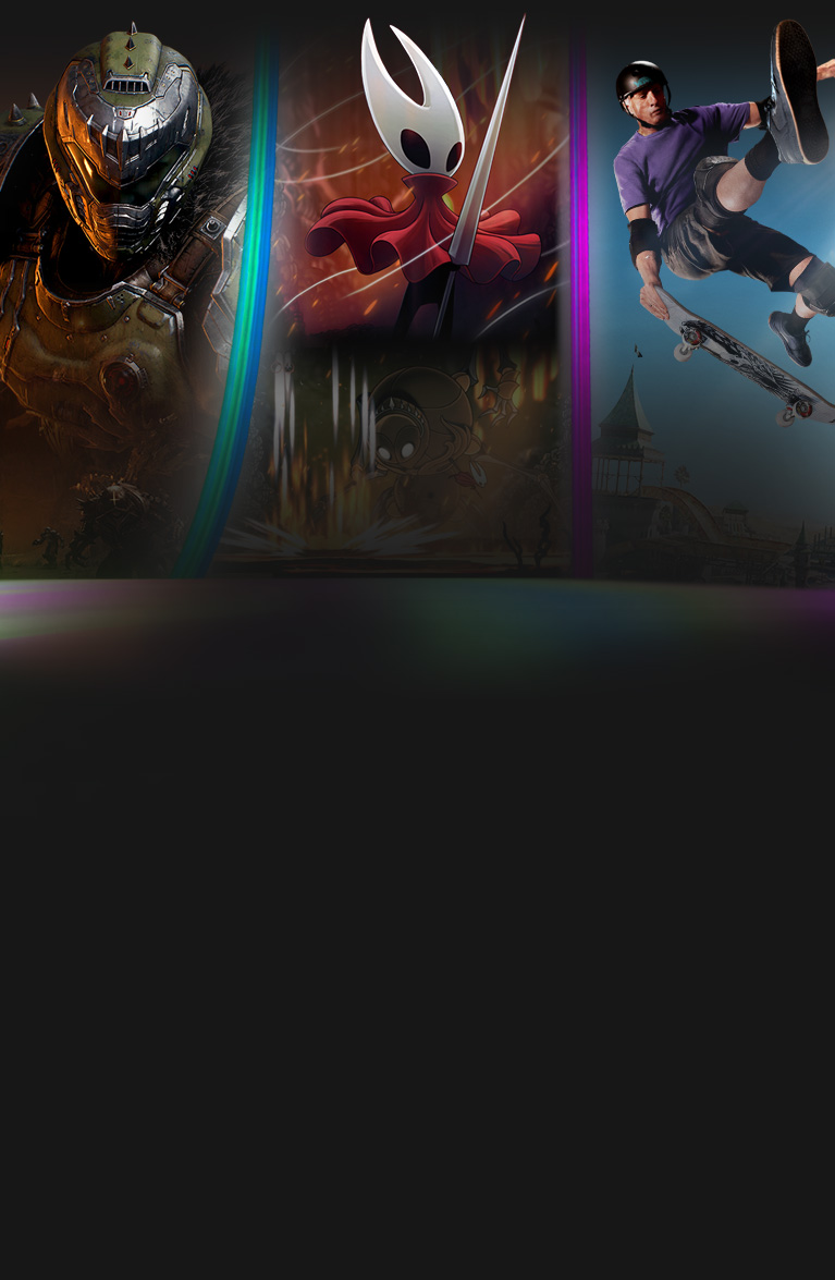 Art zu Doom: The Dark Ages, Hollow Knight: Silksong, Tony Hawk's Pro Skater 3 + 4 und Ninja Gaiden 4 umgeben von leuchtenden Neon-Linien