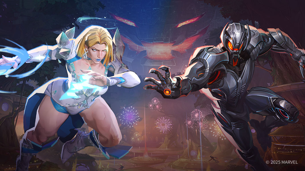 © 2025 Marvel, Marvel characters Emma Frost and Ultron pose to fight in front of an Ultron-themed battlefield with fireworks exploding.