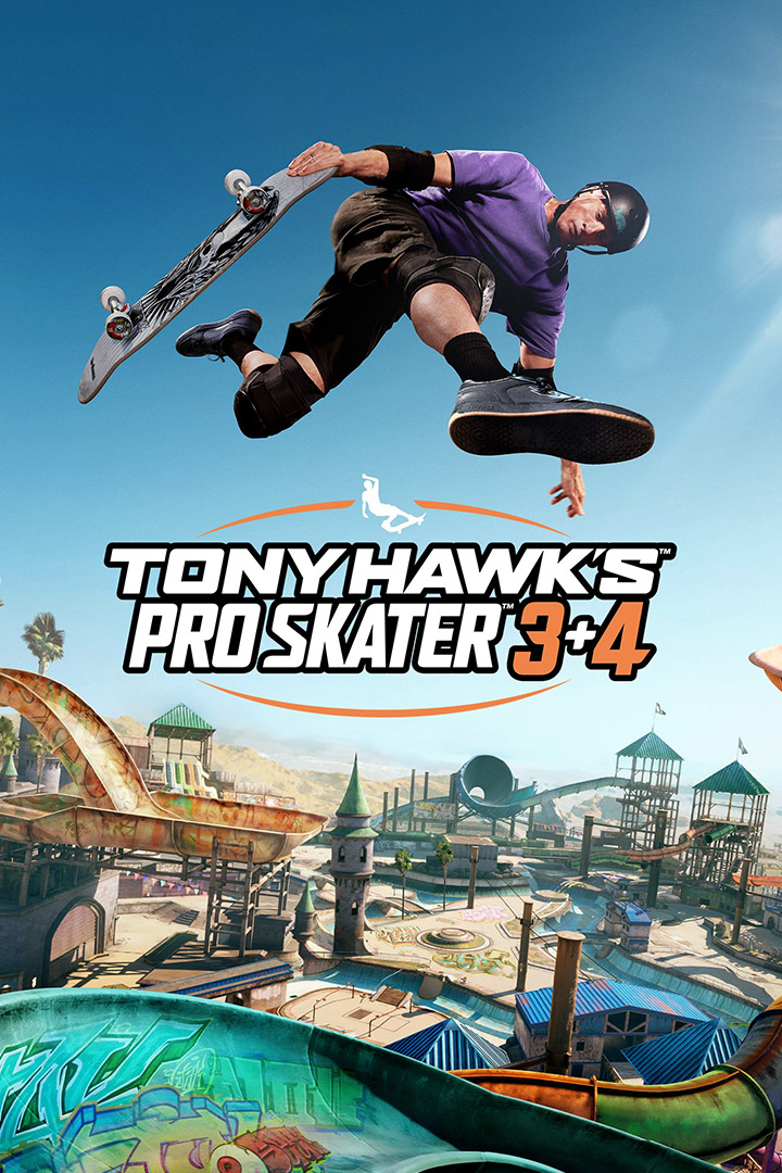 Tony Hawk's Pro Skater 3 + 4 logo, Tony Hawk airwalking over a ramp in an expansive skate park.