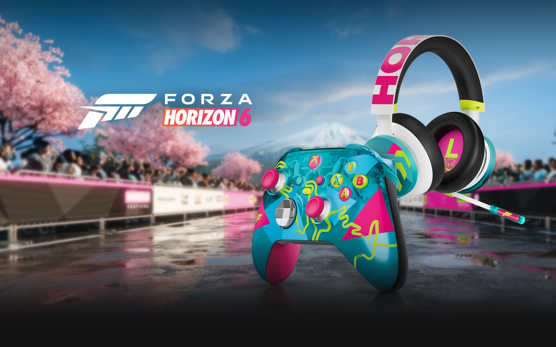 Ασύρματο χειριστήριο και ακουστικά Xbox Forza Horizon 6 Limited Edition σε πίστα αγώνων ταχύτητας στην Ιαπωνία 