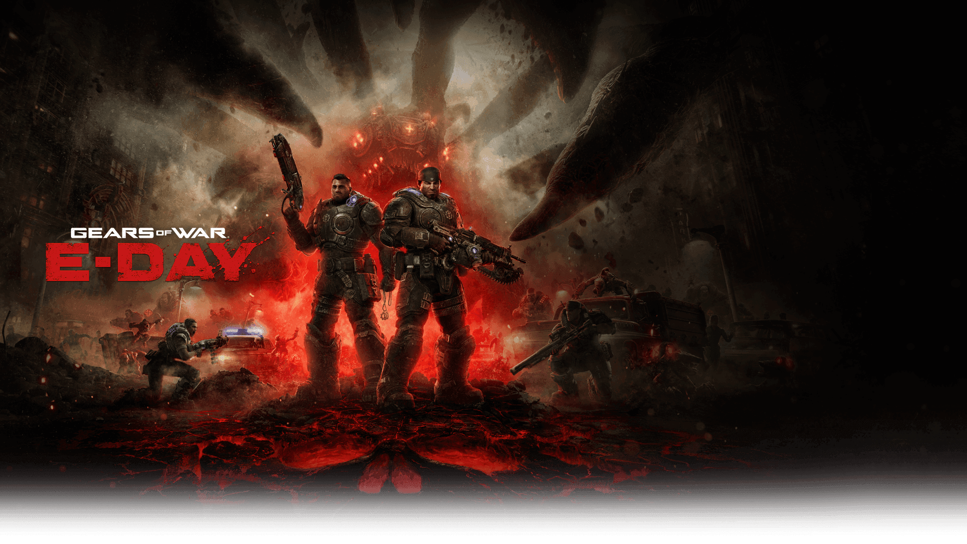 Logotipo de Gears of War: E-Day: Marcus y Dom empuñan sus armas mientras el caos del Día de la Emergencia se desata a su alrededor. 