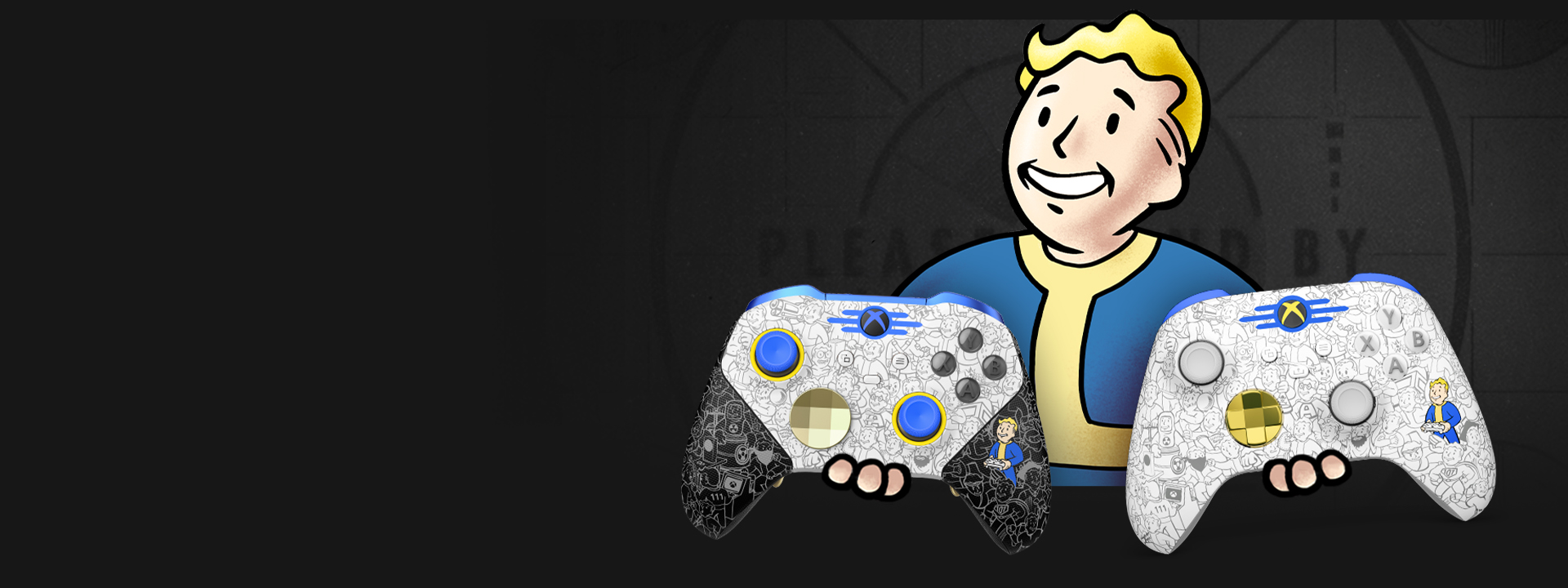 Vault Boy holds both Xbox Wireless Controllers – Fallout edition in his hands. A screen with the message