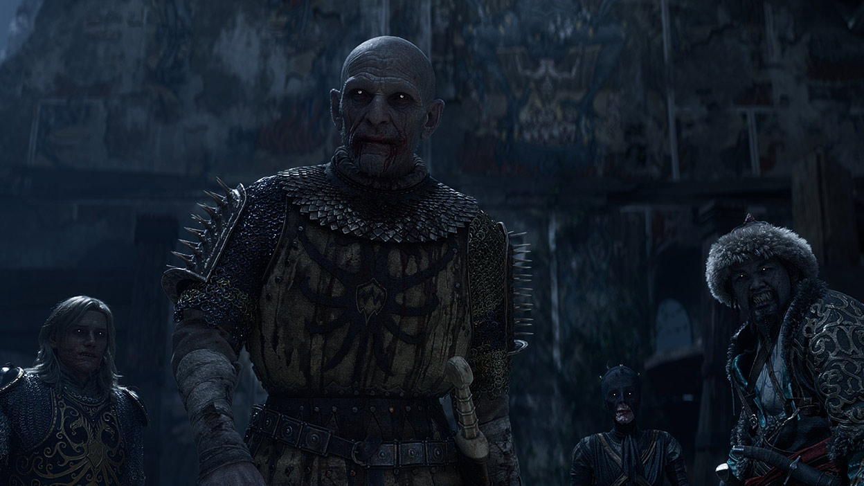 Four vampires with glowing white eyes and blood around their mouths