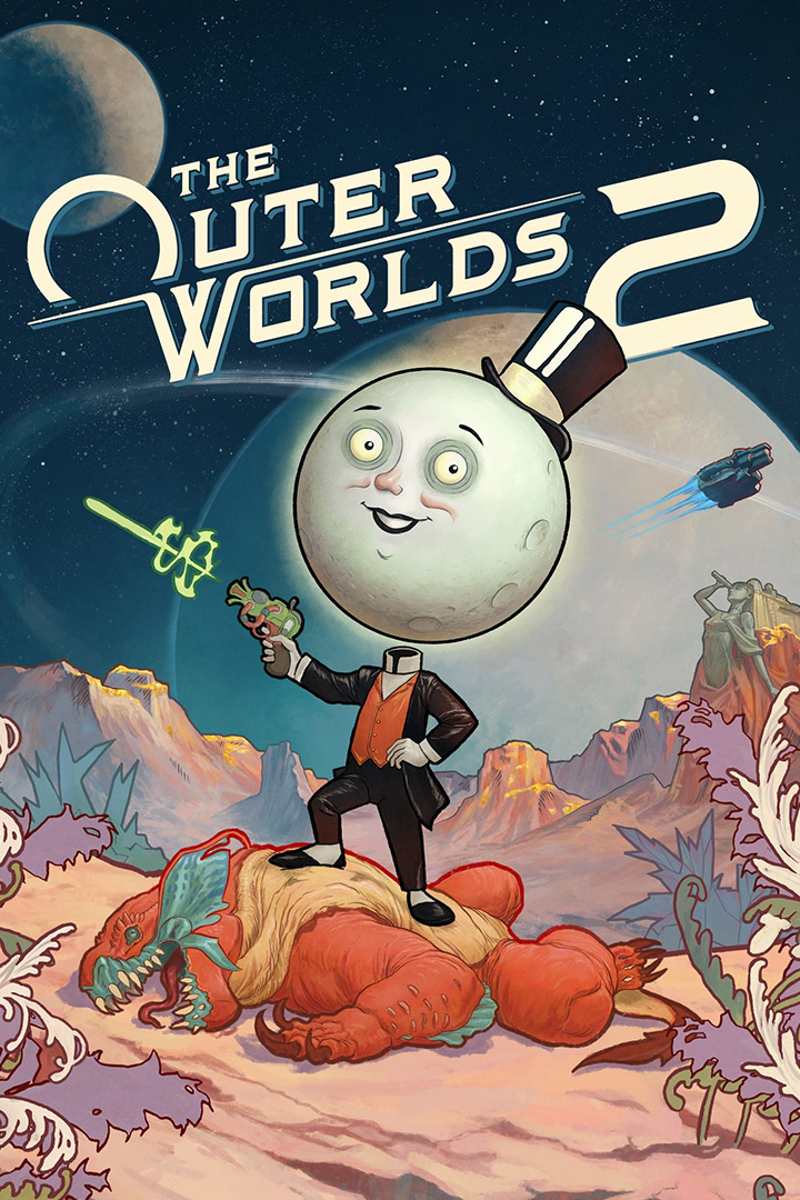 The Outer Worlds 2 logo, the moon man standing on a monster while shooting a laser with large planets orbiting in the background