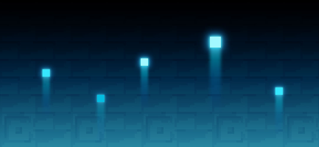 A gradient dark-blue brick background with white pixels moving upwards with light trailing behind them.