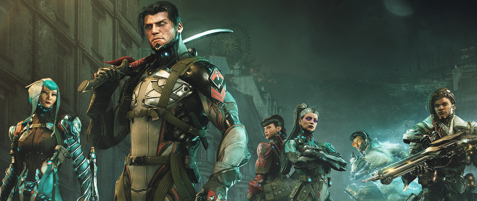Six characters from Warframe 1999 standing in a dark city street together.