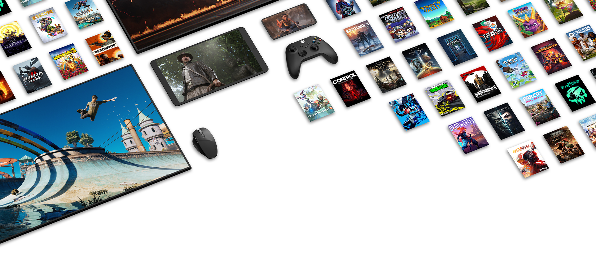 Plusieurs photos de boîtes de jeux entourant une télévision et un écran de PC