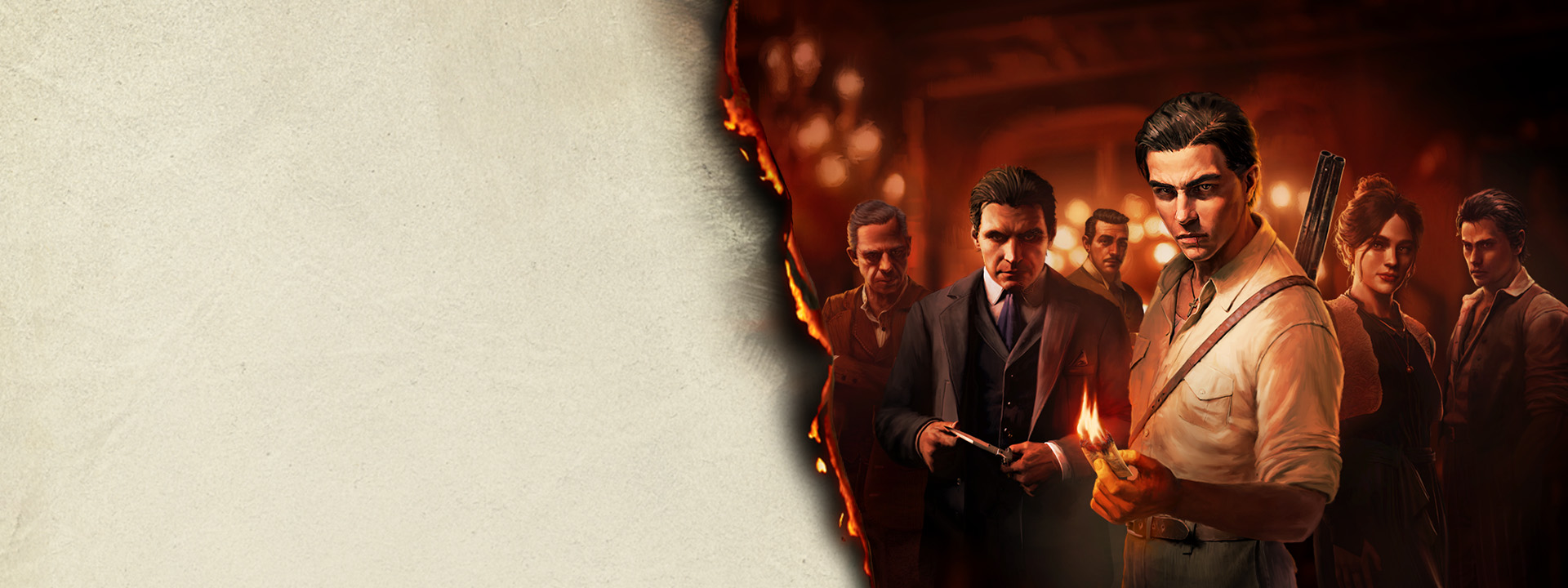 A group of mobsters with the leader burning a wad of cash.