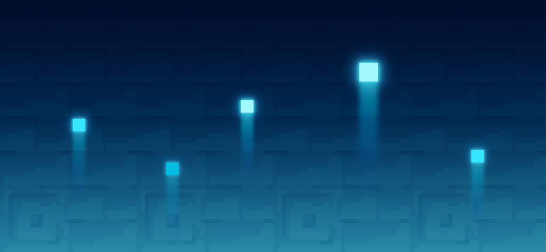 A gradient dark-blue brick background with white pixels moving upwards with light trailing behind them.