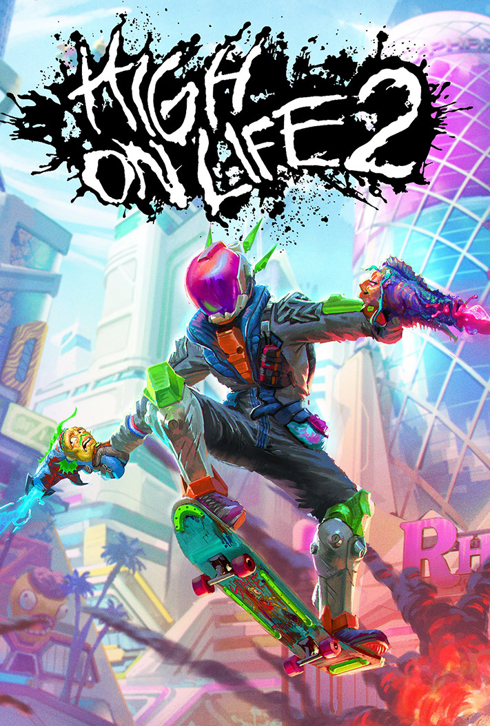 High On Life 2-Logo, auf dem der Kopfgeldjäger auf einem Skateboard durch eine futuristische Stadt schwebt.