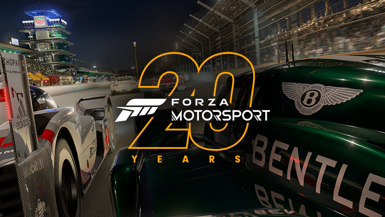 Forza Motorsport 20 év, különböző autók versenyeznek egy versenypályán