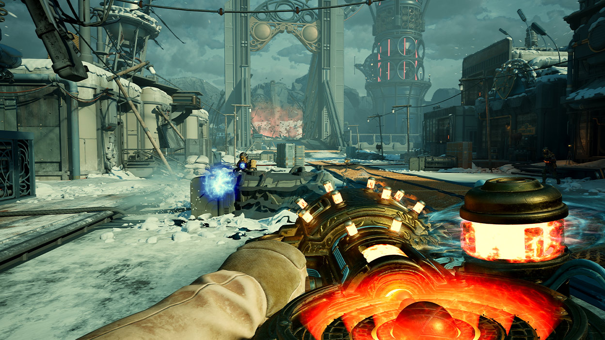 Holding a lava-powered weapon, the protagonist backs away from an enemy in an industrial zone.