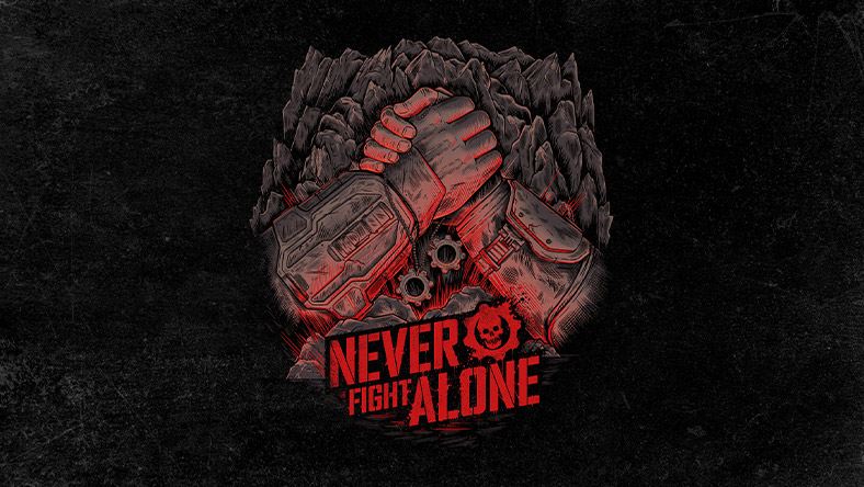 Never Fight Alone logo, two hands grasping each other.