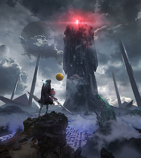 PAC-MAN and a hooded swordsman stand on a mountain top overlooking a labyrinth surrounded by futuristic ruins