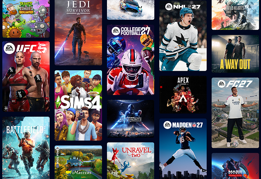 A collection of games published by EA, including The Sims 4, EA SPORTS College Football 27, EA SPORTS FC 27, and more.