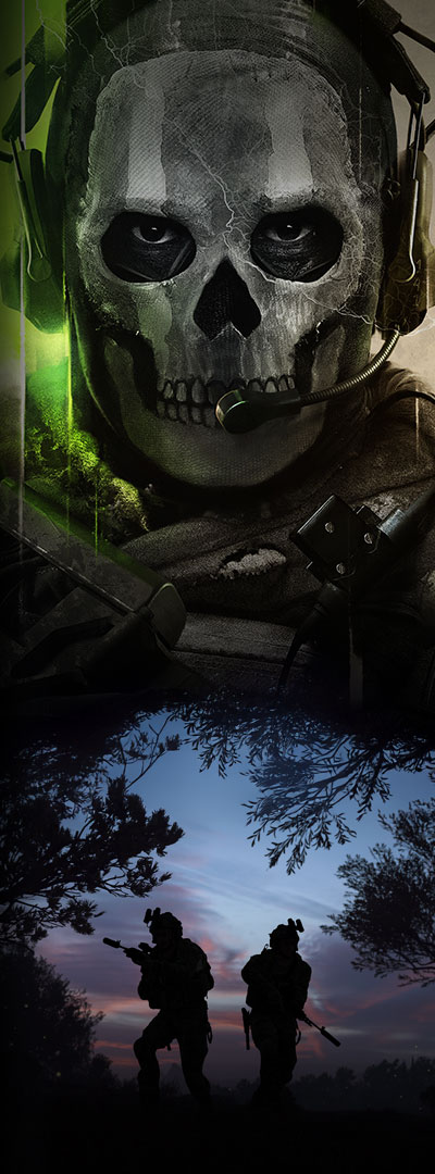 Call of Duty: Modern Warfare II game panel featuring a soldier in a full-face skull mask. 