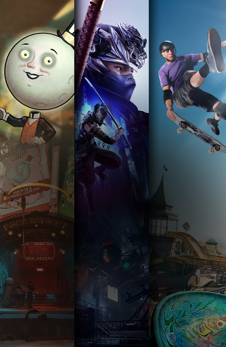 A selection of games available or coming soon with Game Pass including The Outer Worlds 2, NINJA GAIDEN 4, Tony Hawk's™ Pro Skater™ 3 + 4, and Gears of War: Reloaded.
