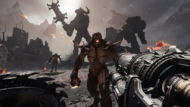An imposing demon covered with boney protrusions stalks towards the player.