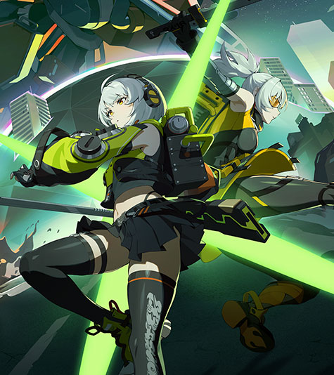 Two main characters mid-battle, with giant mecha towering over a cityscape