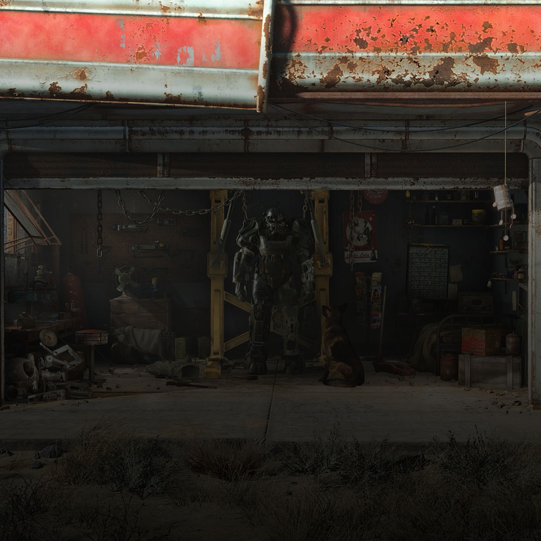 T-45-Mech-Anzug aus Fallout 4 in einer verfallenen Garage neben dem Deutschen Schäferhund Dogmeat