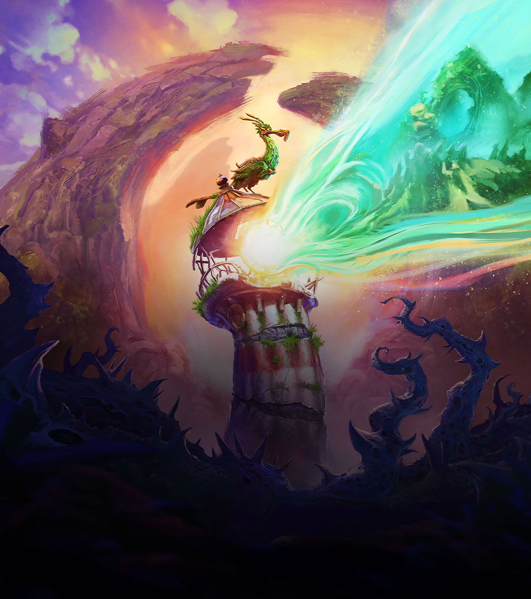 A bird is perched atop a lighthouse, the light casts a ray with an image of mysterious lands 