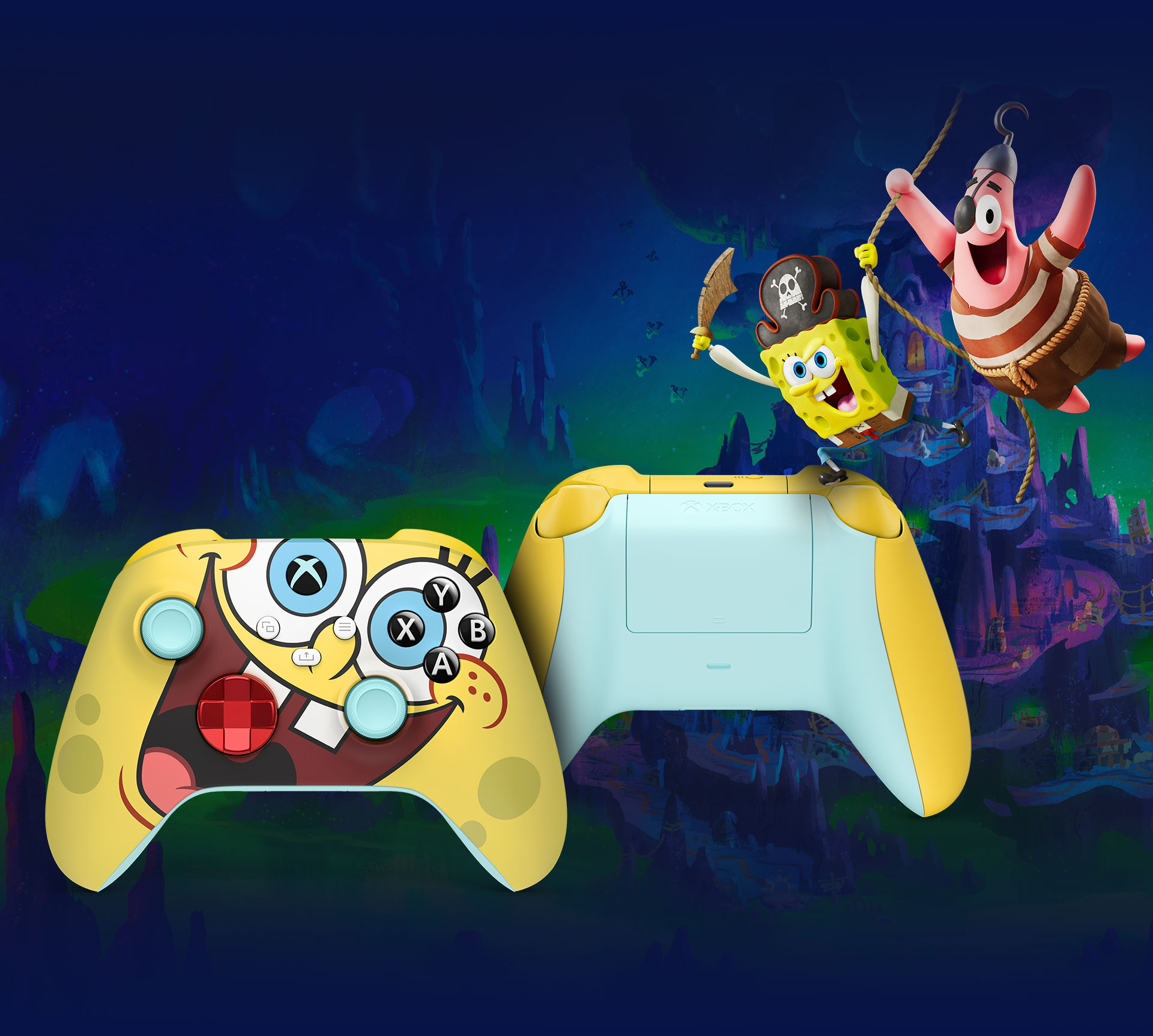 SpongeBob SquarePants and Patrick Star swinging from a rope in an underwater background, with the customizable  Xbox Wireless Controller – The SpongeBob Movie Limited Edition controller front and back in the foreground