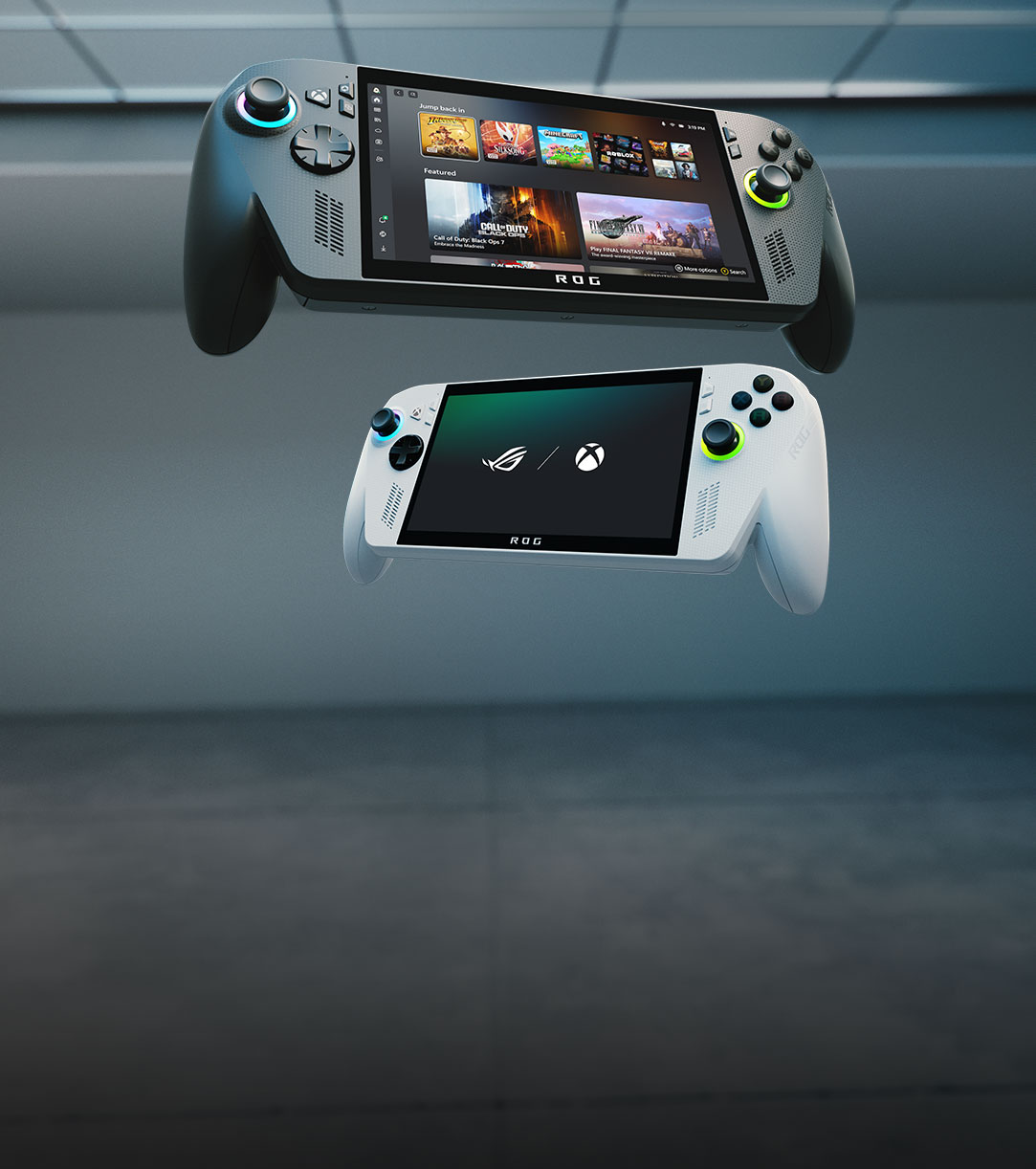 The ROG Xbox Ally X & ROG Xbox Ally floating with the dashboard open