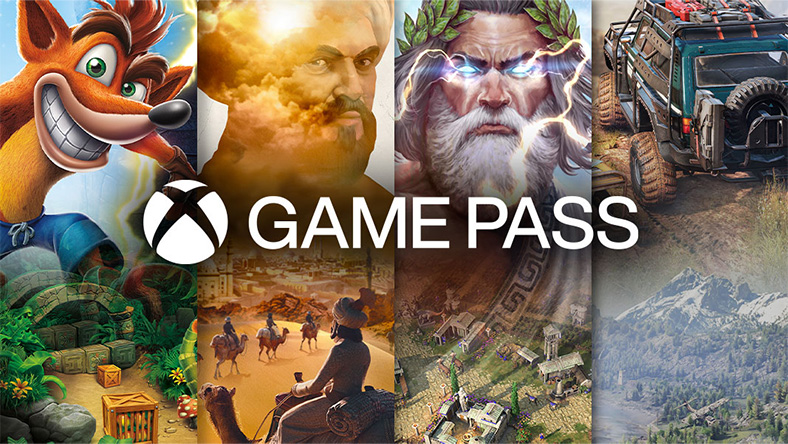 Multiple blades of game-art for different games available with Xbox Game Pass, including Crash N Sane trilogy, Ara: History Untold, Age of Mythology: Retold, and Expeditions: A MudRunner Game.