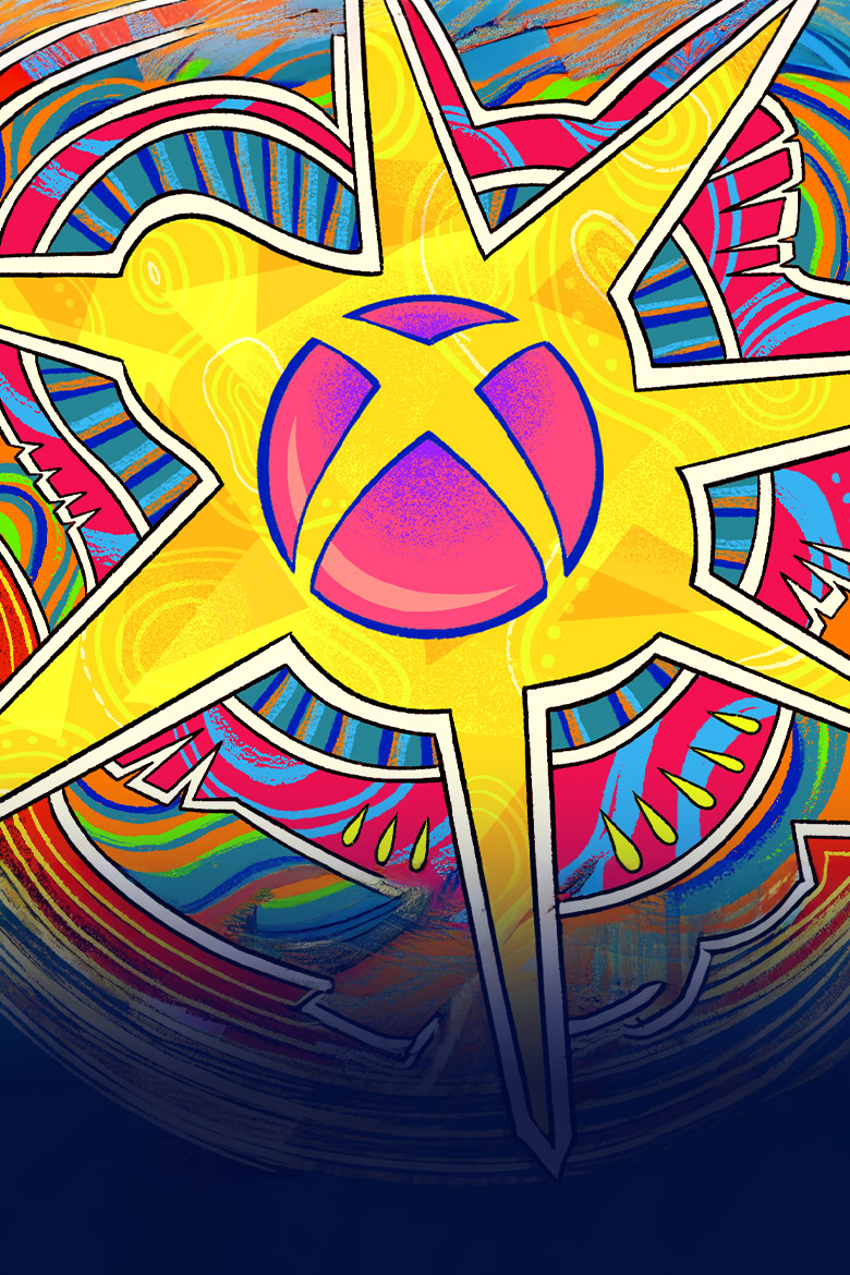 The Xbox logo surrounded by colorful African-inspired patterns.