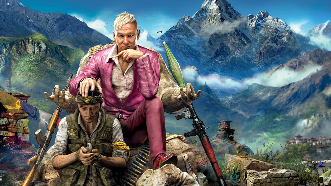The dictator Pagan Min places a hand on a kneeling soldier as he sits on a throne with Himalayan mountains behind him.