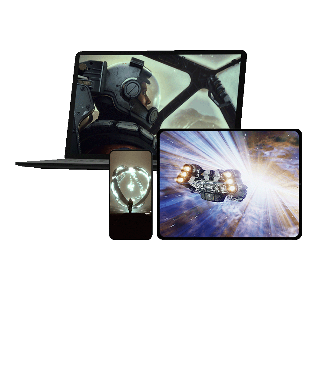 front view of three different monitor screens displaying Xbox games