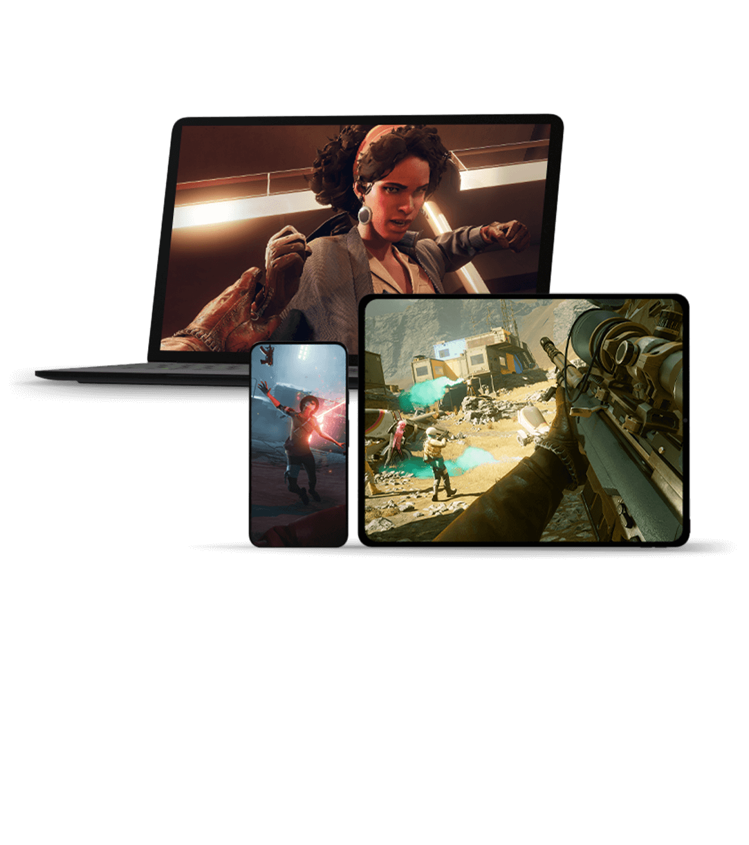 front view of three different monitor screens displaying DEATHLOOP gameplay