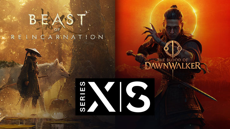 Series X|S-logo, Beast of Reincarnation-logo, Emma og Koo går langs en innsjø i en solfylt skog, The Blood of Dawnwalker-logo, Coen holder en dolk og har en solformørkelse bak seg