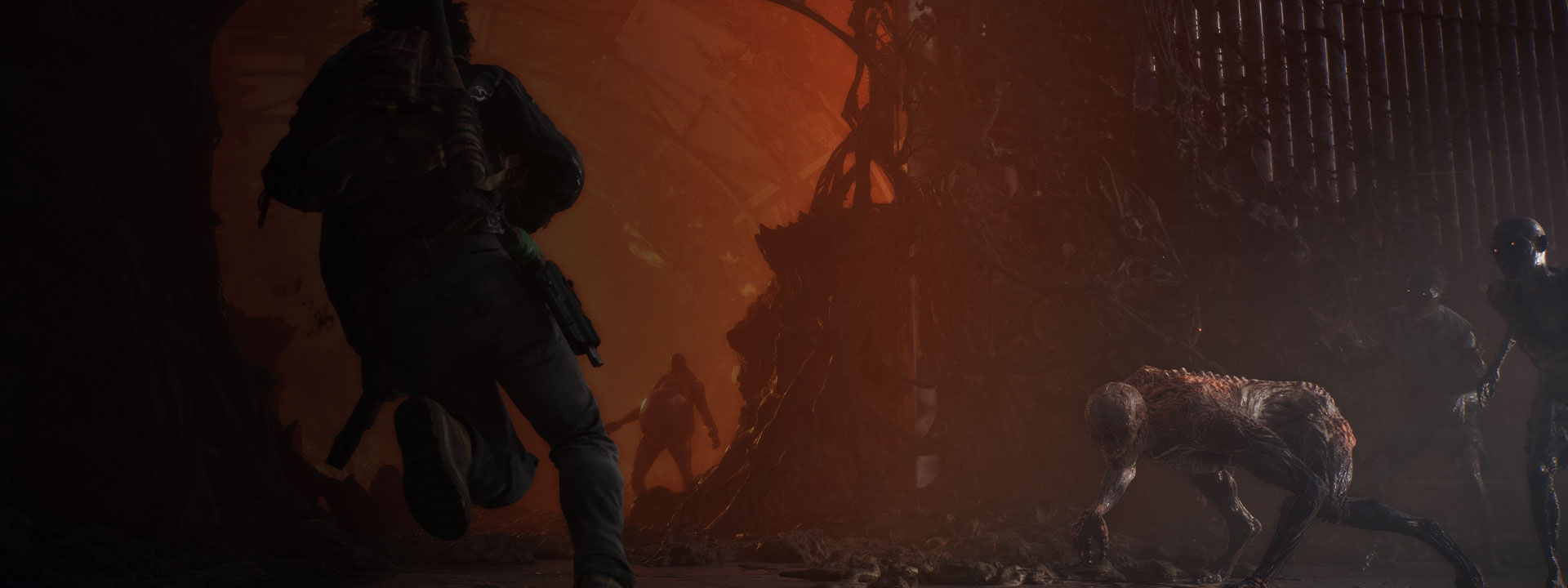 A figure runs towards an opening in a gate while zombies encroach from the side.