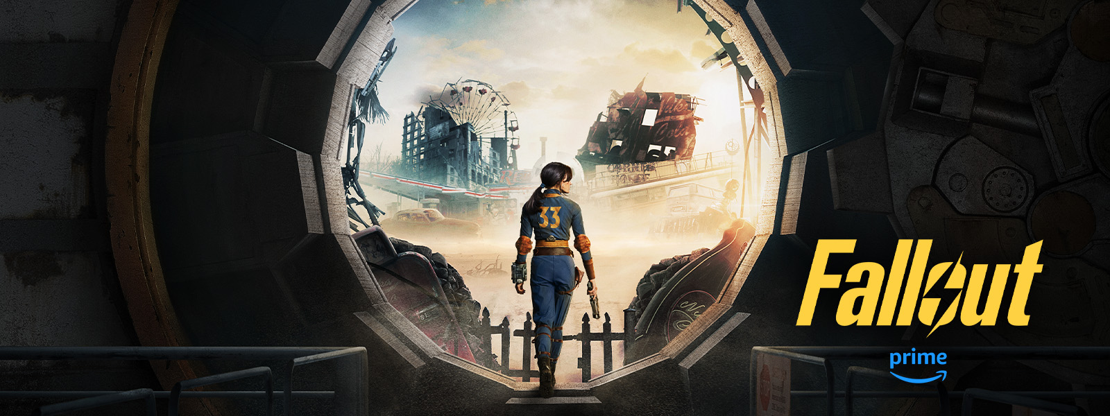 Fallout and Amazon Prime logos. A woman in a blue and yellow jumpsuit with 33 on the back exits a vault into a wasteland.